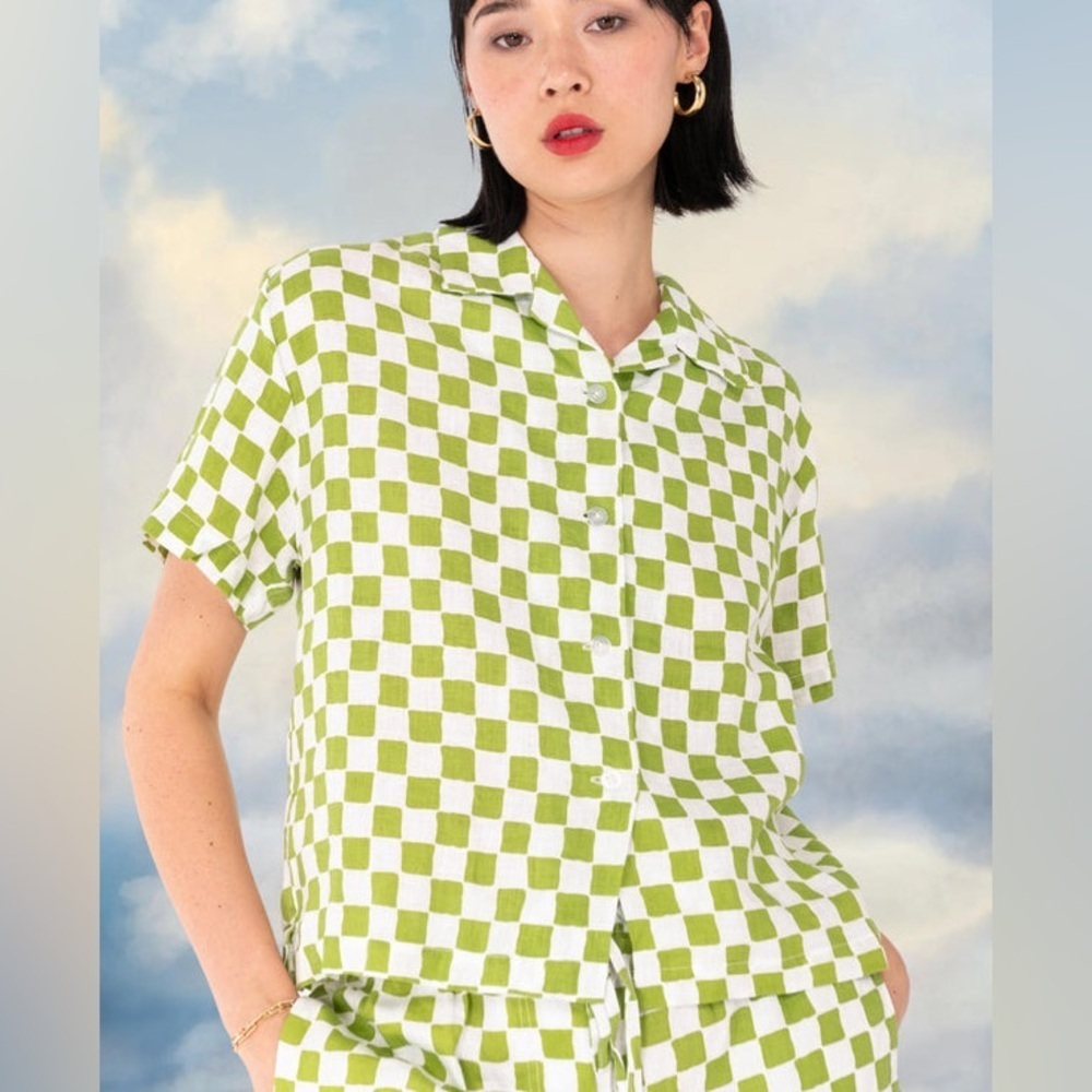 Green Checkered holiday by Emma Mulholland linen Women's Top